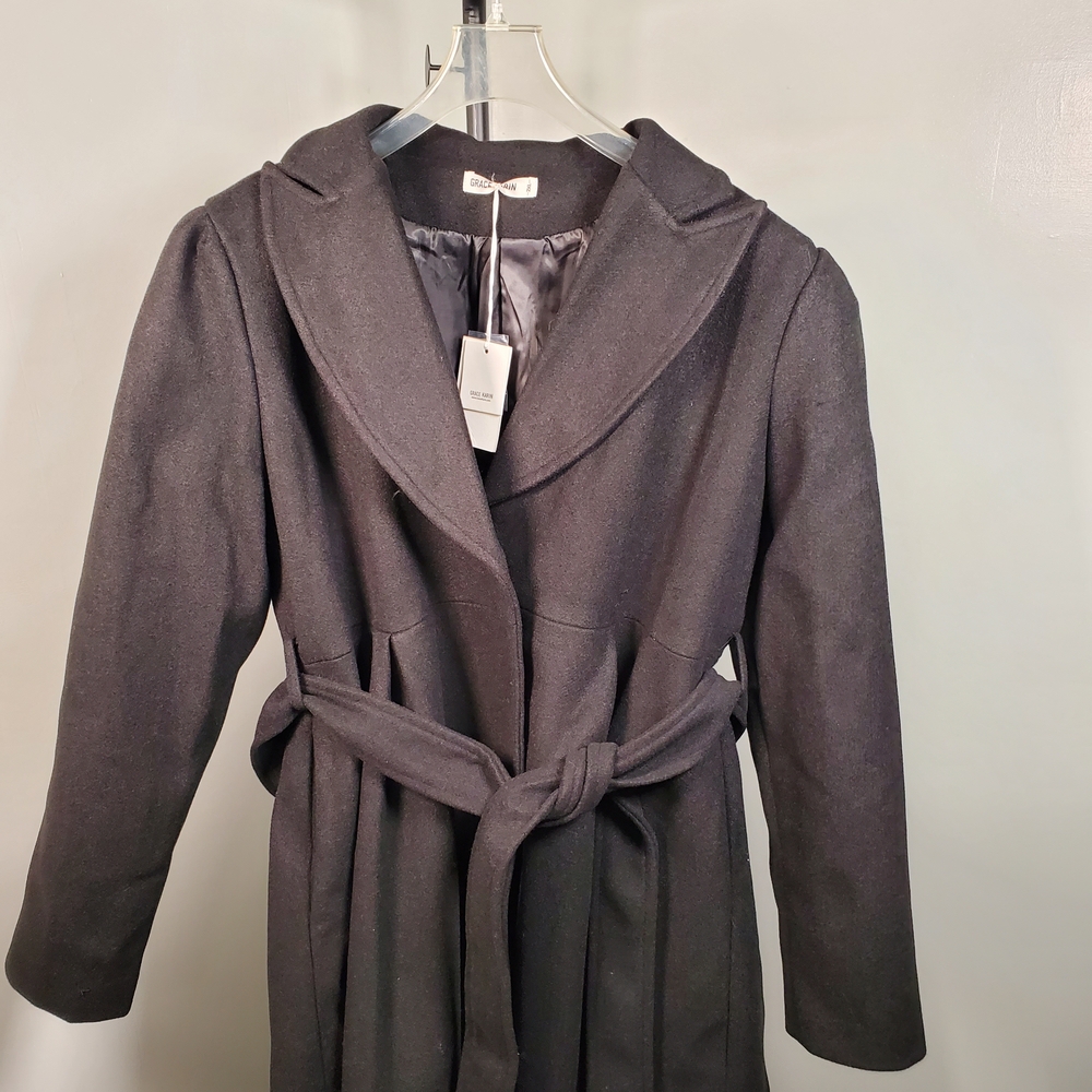 Grace Karin Classic Black Belted Pea Coat